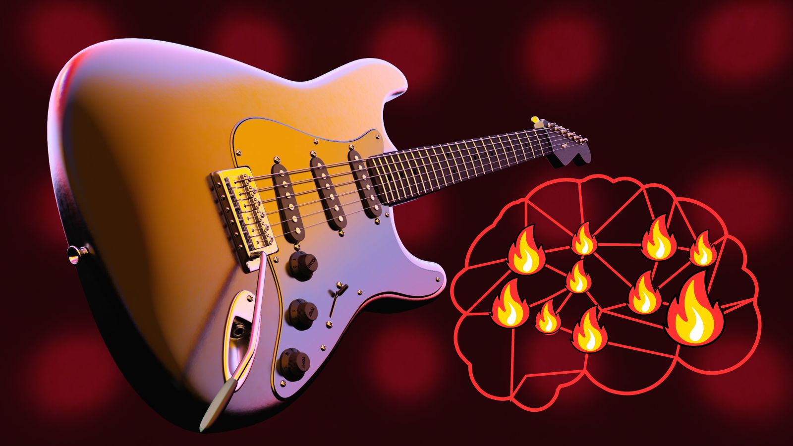 Image of guitar and a brain network on fire representing motivation